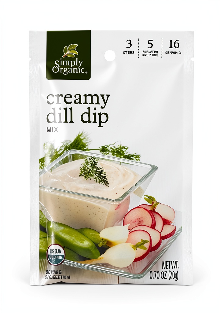 Simply Organic Dill Seasoning Packs displayed on a kitchen counter