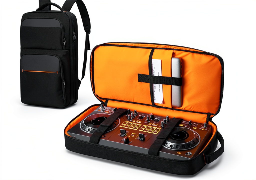 Real-life usage of Rexmica DJ Controller Backpack Nylon Design Black on a stage with DJ gear