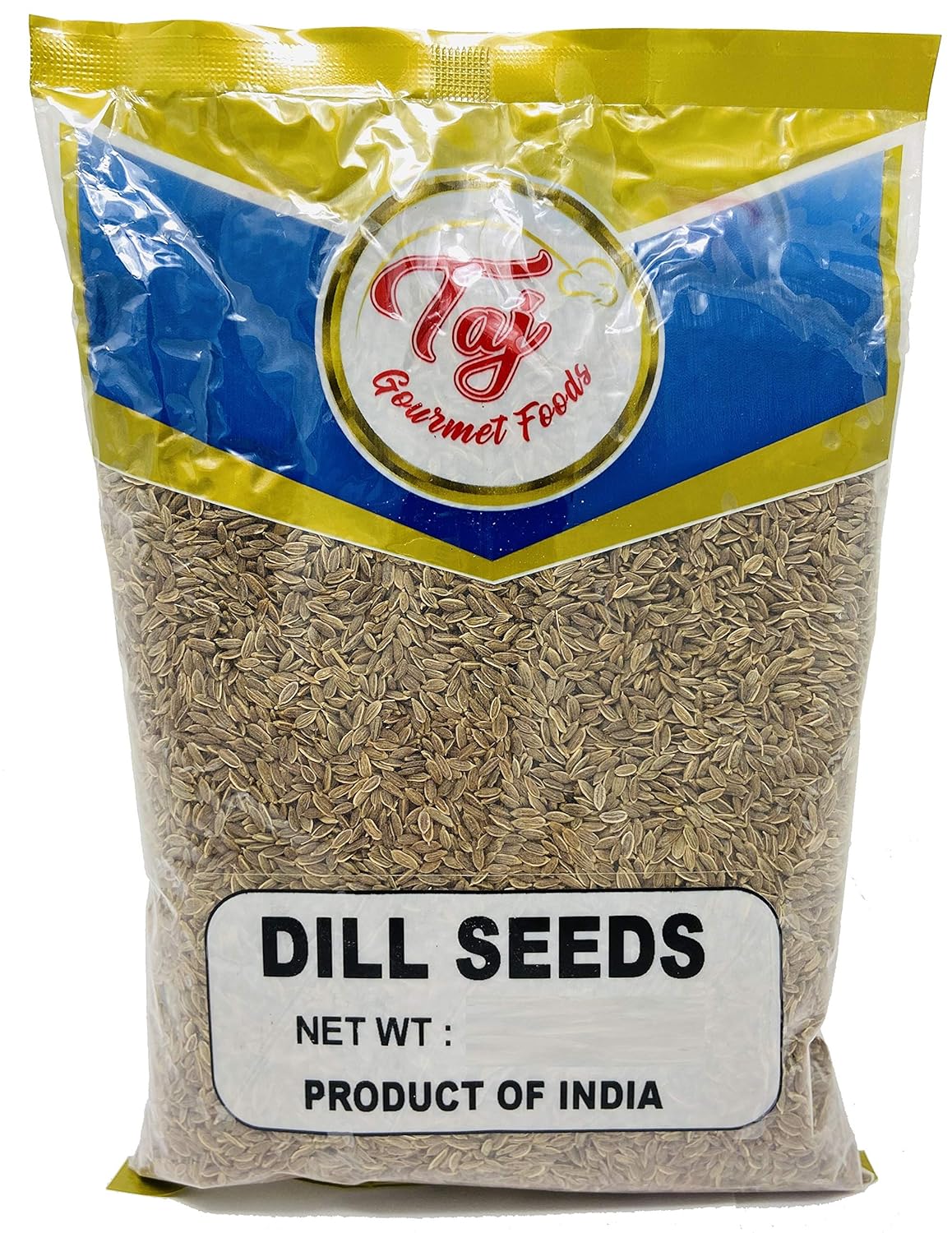 Installing Taj Gourmet Dill Seed Spice 14 Ounce Bag for Pickling on a wooden kitchen counter