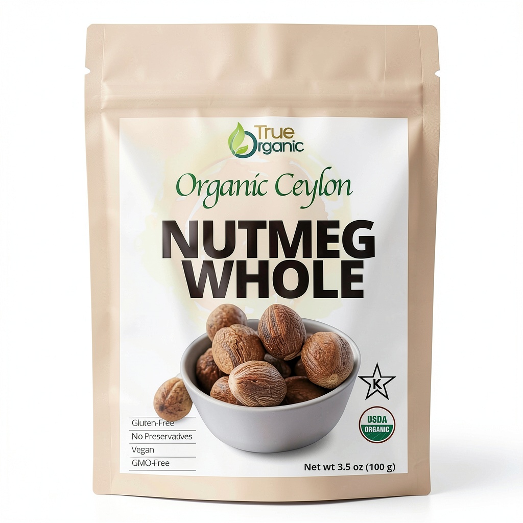 True Organic Nutmeg Whole in paper craft bag on a kitchen counter