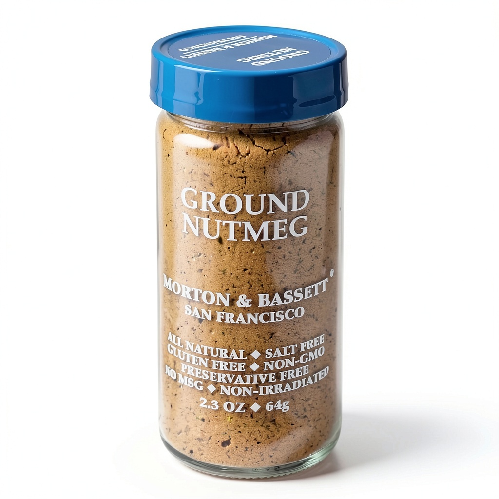 Morton Bassett Nutmeg spice jar on a kitchen counter